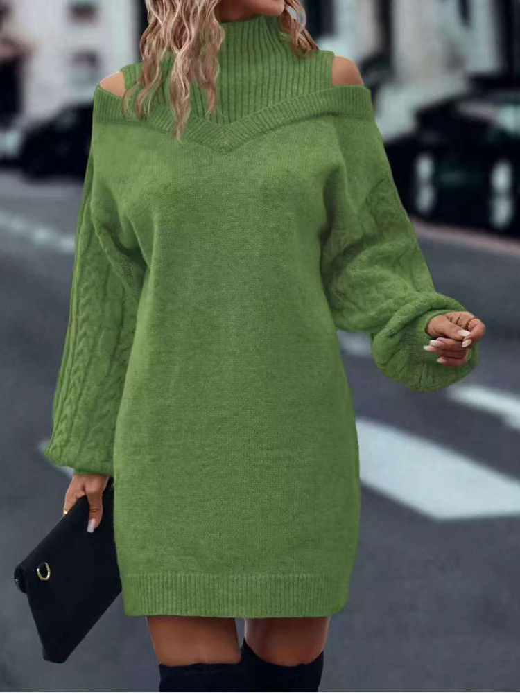 Women Half High Neck Off-Shoulder Long Sleeve Knitted Dress