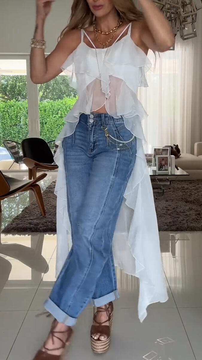 Women Spaghetti Strap Spliced Long Top+ Washed Jeans Casual Set