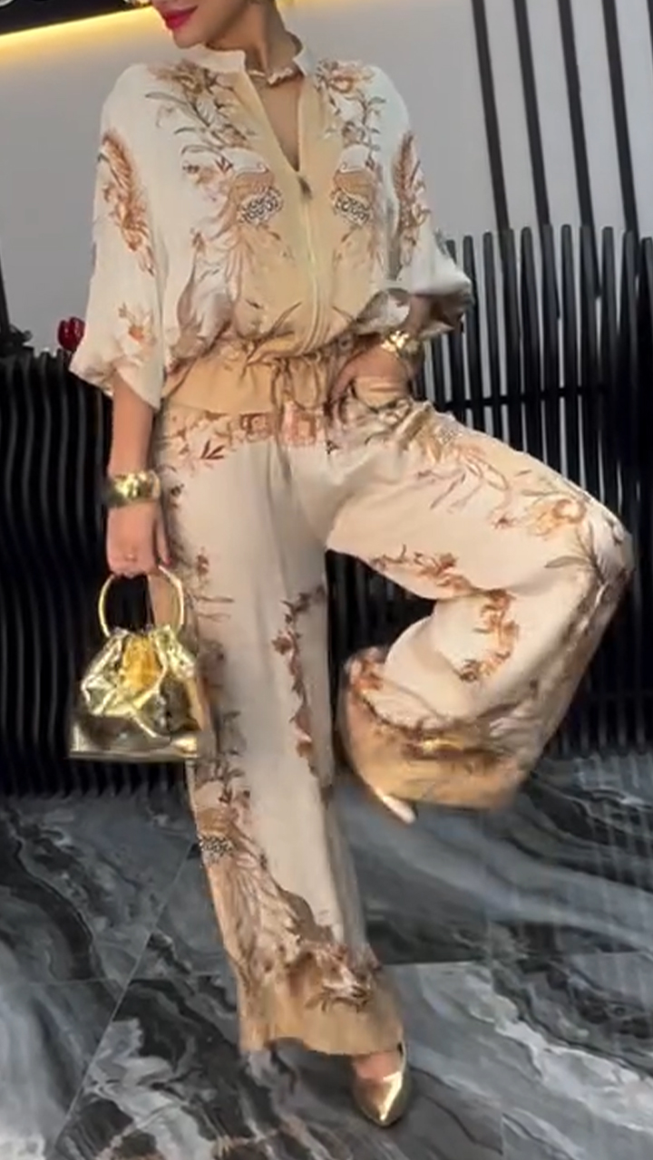 Women's Satin Zipper Printed Casual Suit