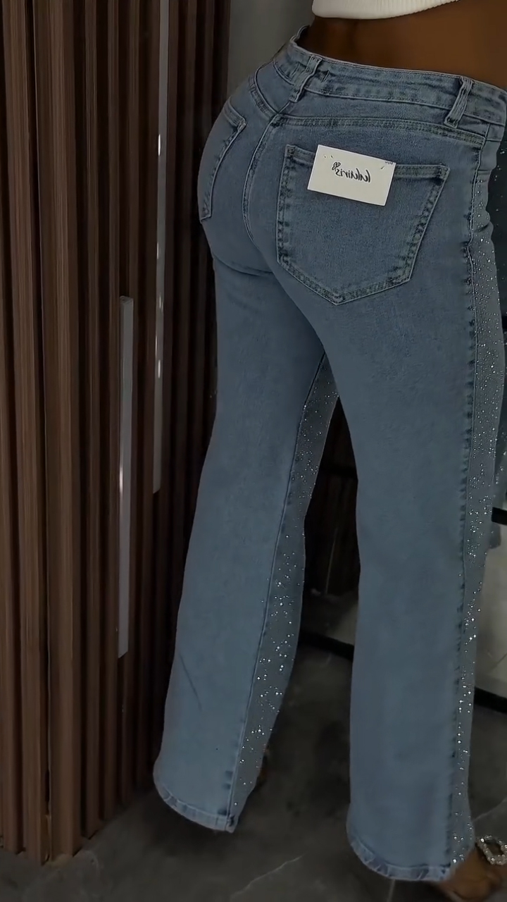 Women's Single-sided Rhinestone Casual Jeans