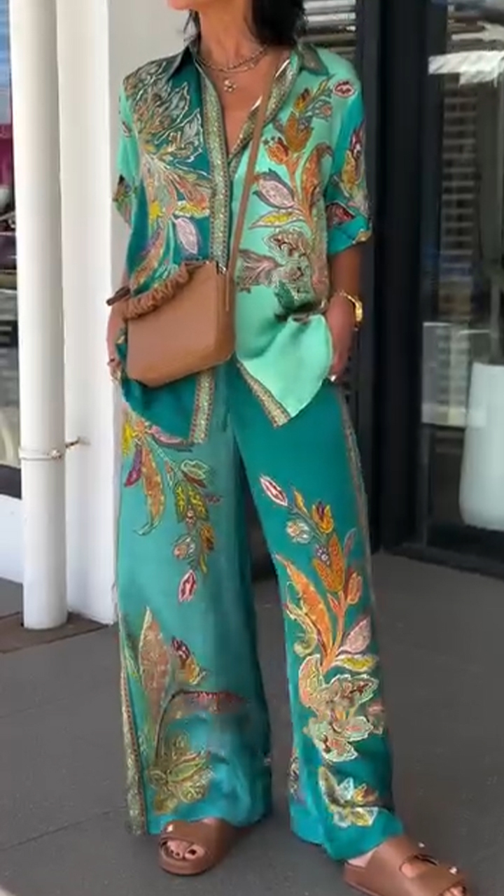 Women's Collar Printed Top+pants Loose Casual Suit