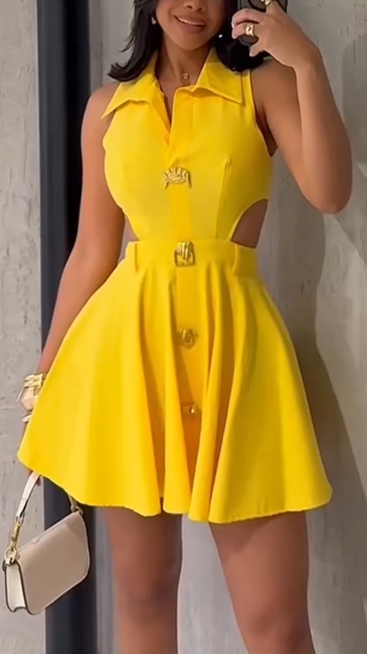 Ladies' Lapel Splicing Hollow Metal Button Temperament and Leisure Dress