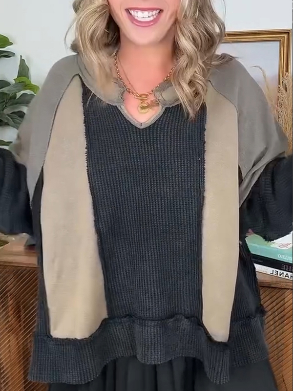 Women Round Neck Stitching Contrast Color Casual Sweatshirt