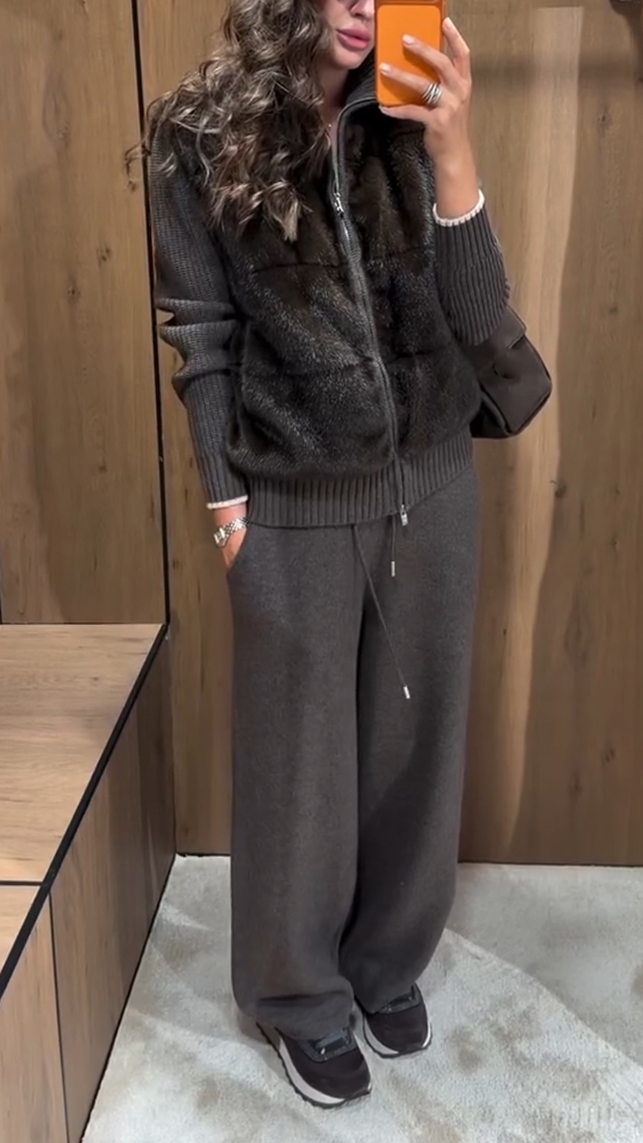 Women Collar Plush Patchwork Jacket+ Pants Casual Set