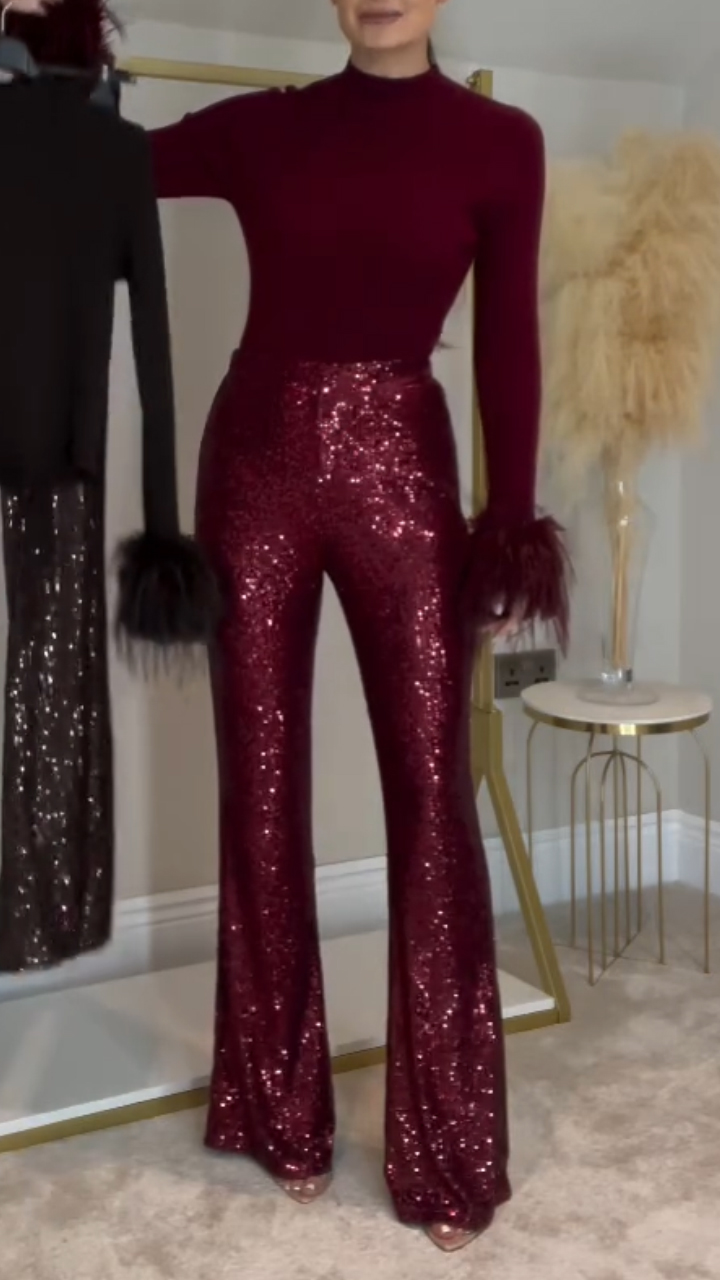 Women Round Neck Cuff Woolen Top+ Sequined Pants Casual Set with Temperament