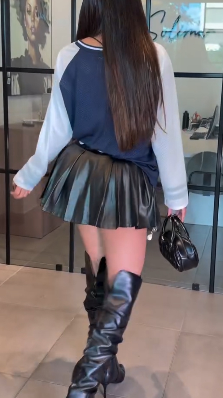 Women V-neck Printed Letter Top+ Leather Short Skirt Casual Set