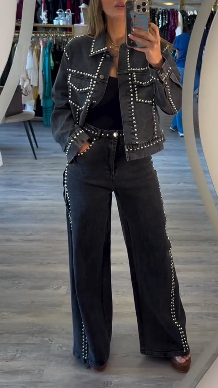 Women Laple Collar Nail Bead Casual Denim Suit