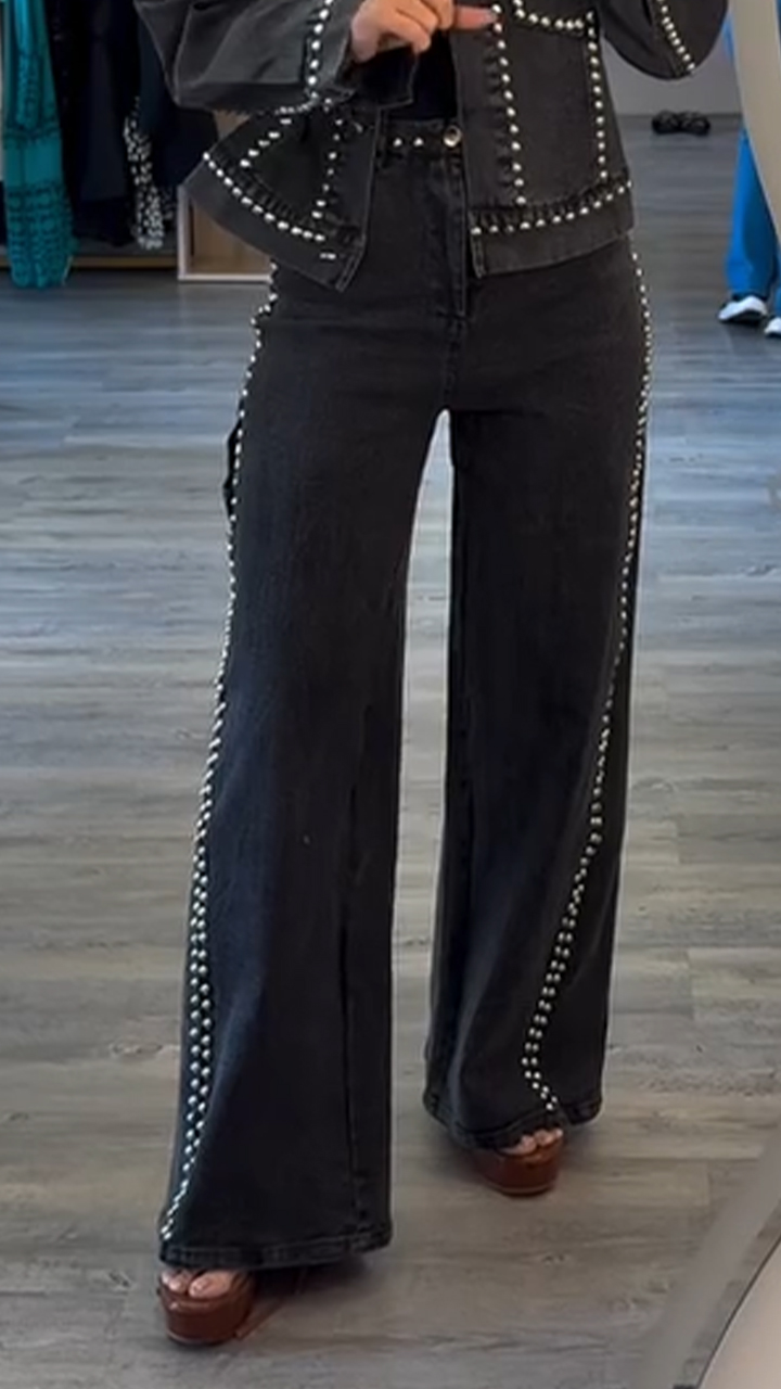 Women Laple Collar Nail Bead Casual Denim Suit