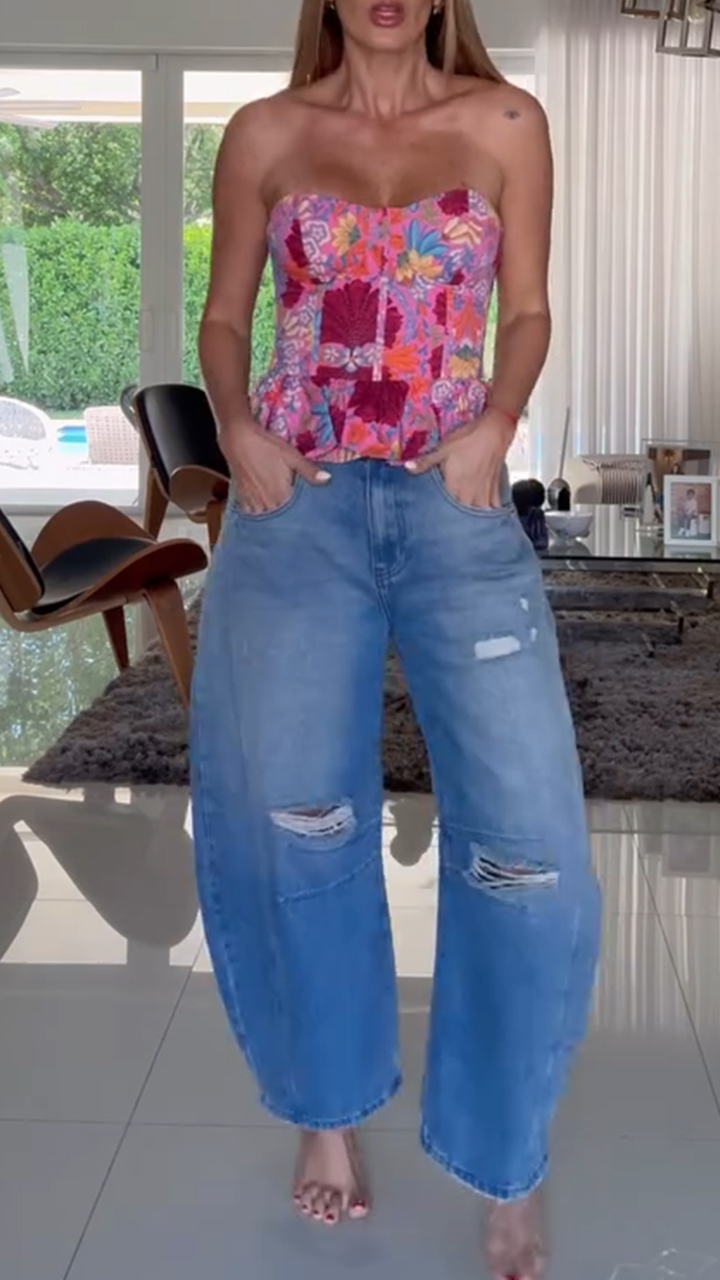 Women Strapless Printed Top+ Washed Ripped Jeans Casual Set