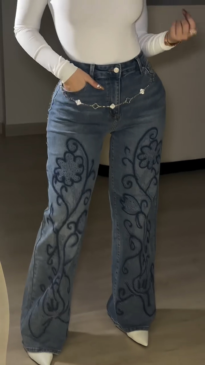Women Square Neck Solid Color Top+ Printed Jeans Casual Suit