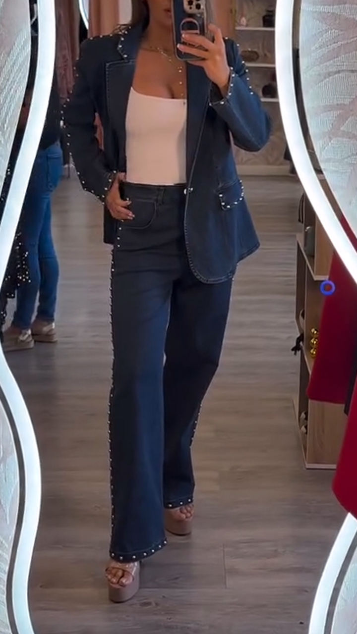 Women Laple Collar Nail Bead Temperament Casual Denim Suit