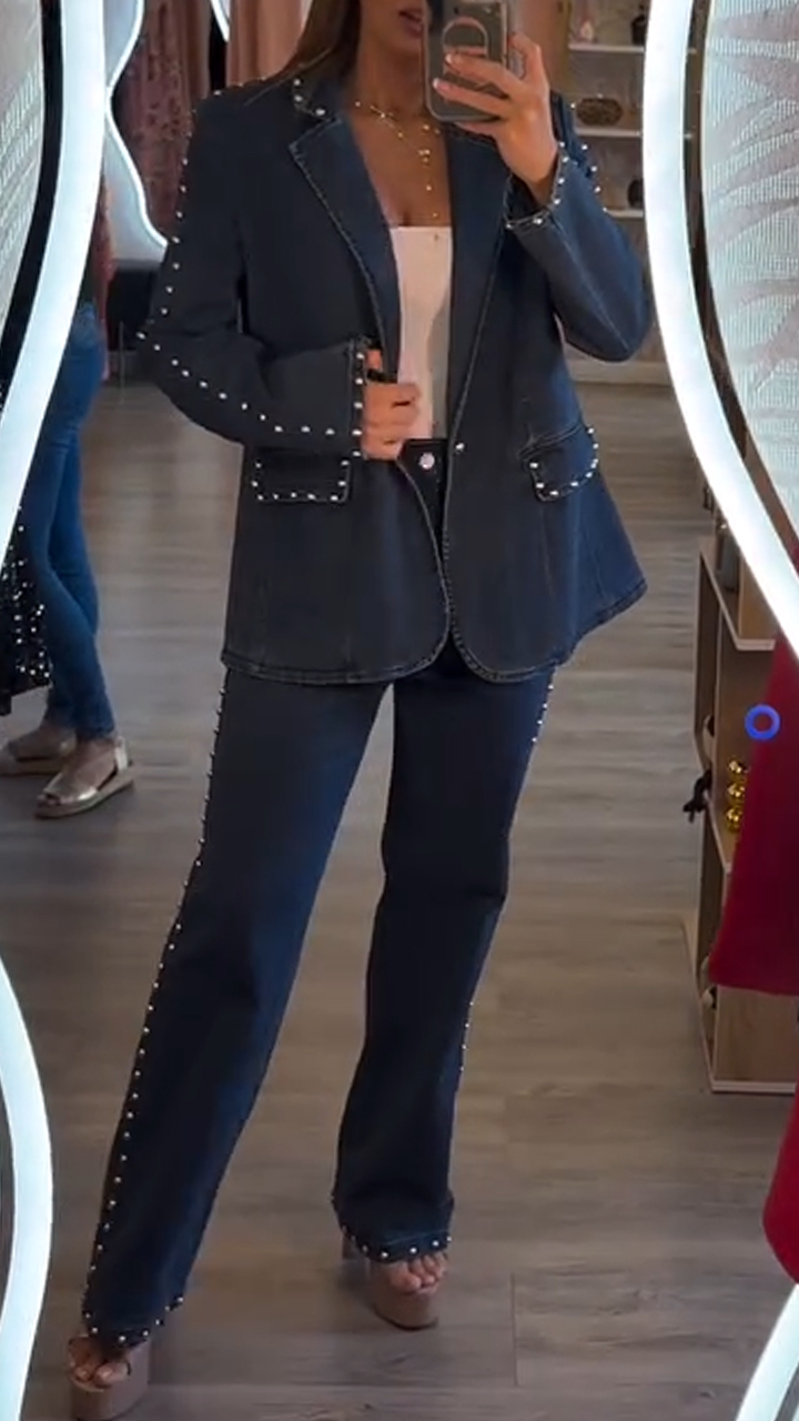 Women Laple Collar Nail Bead Temperament Casual Denim Suit