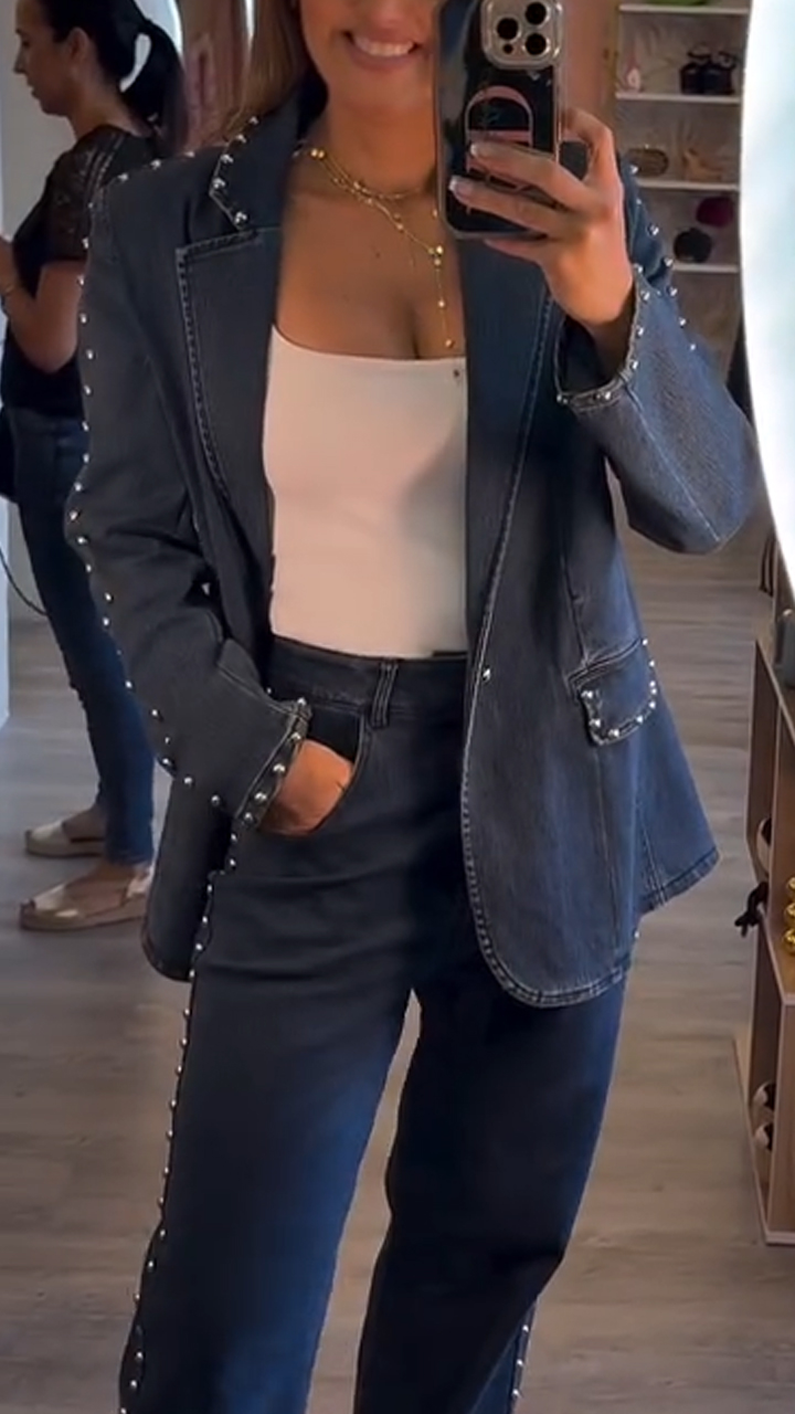 Women Laple Collar Nail Bead Temperament Casual Denim Suit