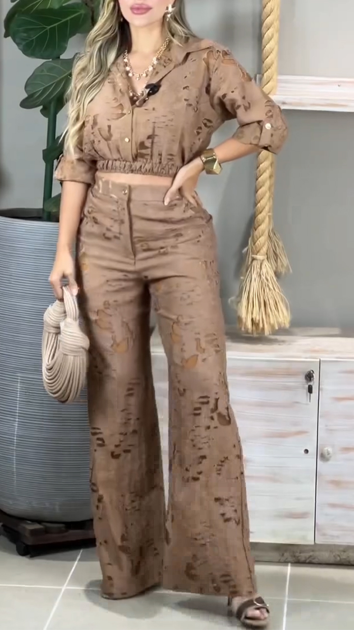 Women Laple Collar Pattern Hollow Leisure Set