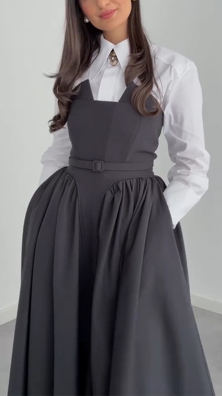 Women Laple Collar Shirt+ Strapless Patchwork Dress Elegant Temperament Set