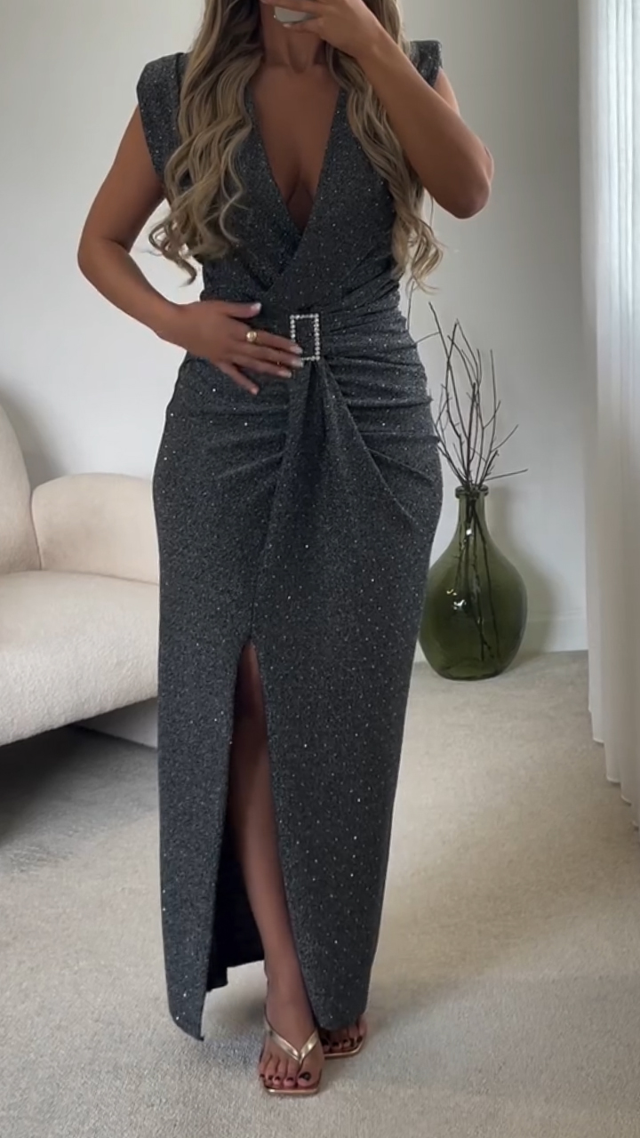 Women Deep V-neck Rhinestone Waist Cinching Elegant Temperament Dress