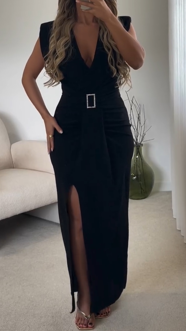 Women Deep V-neck Rhinestone Waist Cinching Elegant Temperament Dress