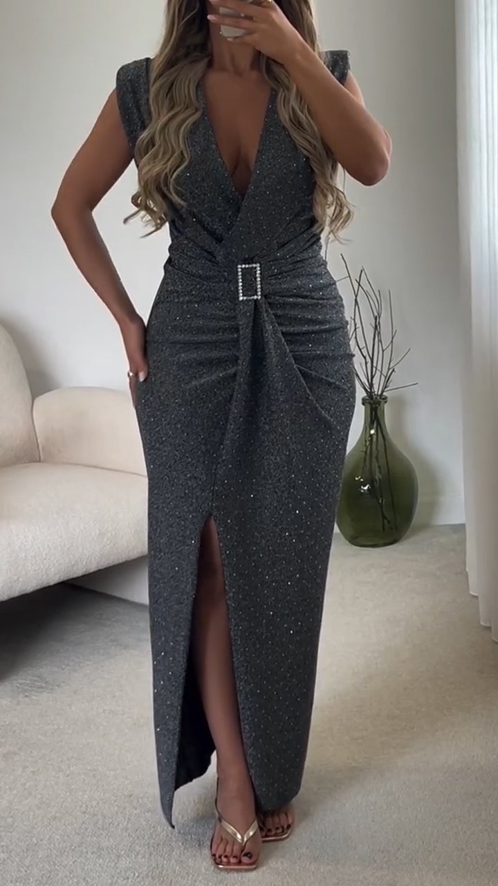 Women Deep V-neck Rhinestone Waist Cinching Elegant Temperament Dress