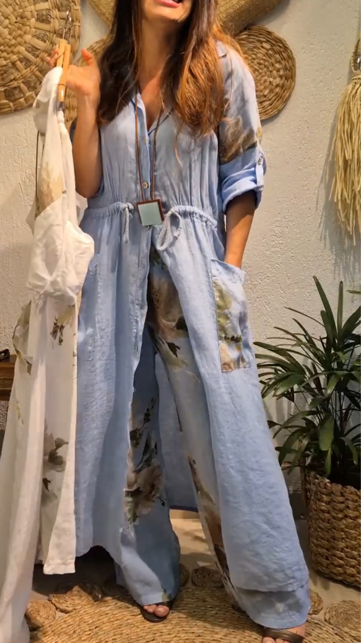 Women Collared Printed Long Top + Pants Casual Suit