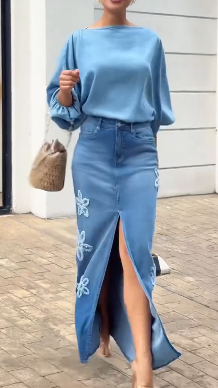 Women Round Neck Top + Slit Denim Skirt Casual Set