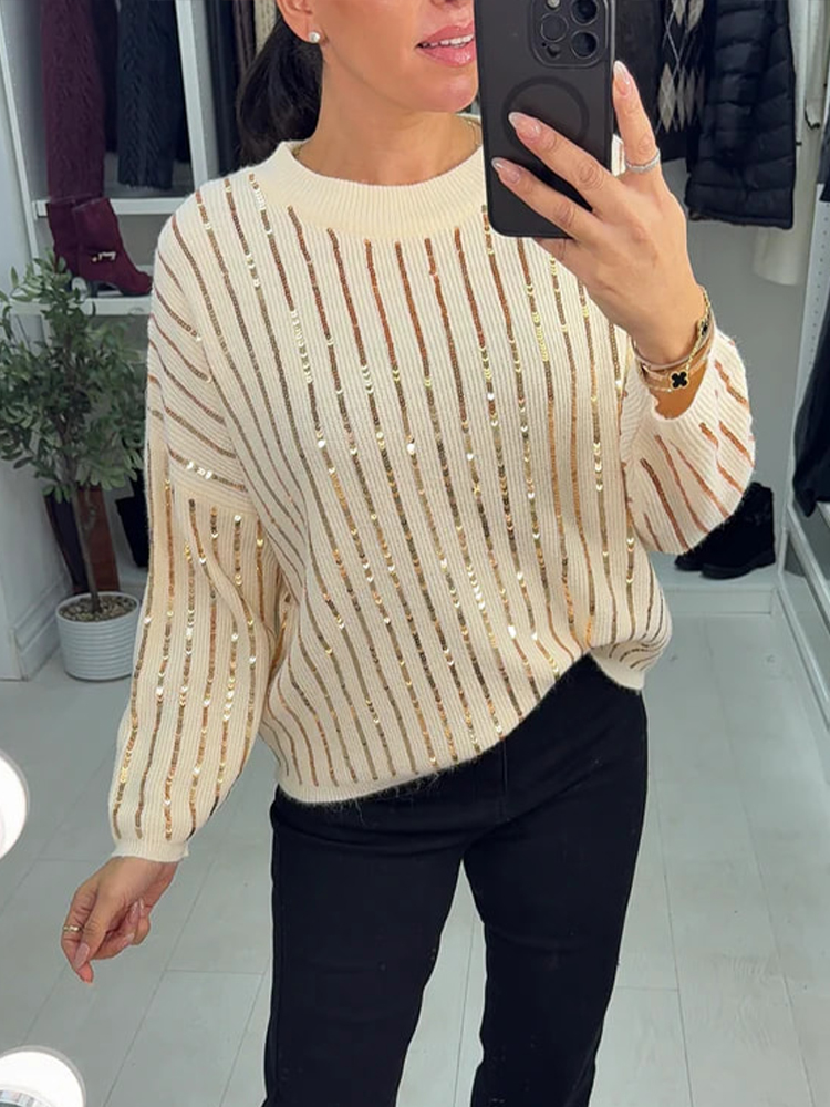 Women Round Neck Vertical Striped Sequined Casual Knit Top