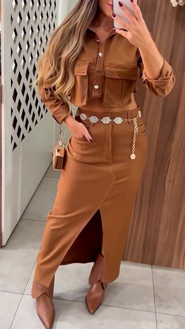 Women Collared Jacket + Slit Skirt Temperament Casual Suit