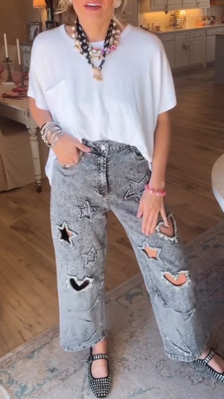Women Round Neck Top+ Rhinestone Star Hollowed Out Jeans Casual Set