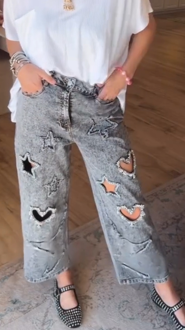 Women Round Neck Top+ Rhinestone Star Hollowed Out Jeans Casual Set