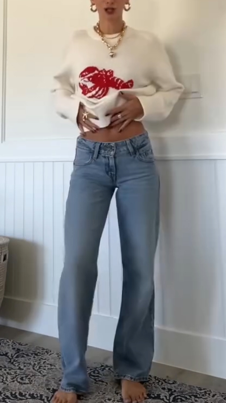 Women Round-neck Printed Top and Jeans Casual Set