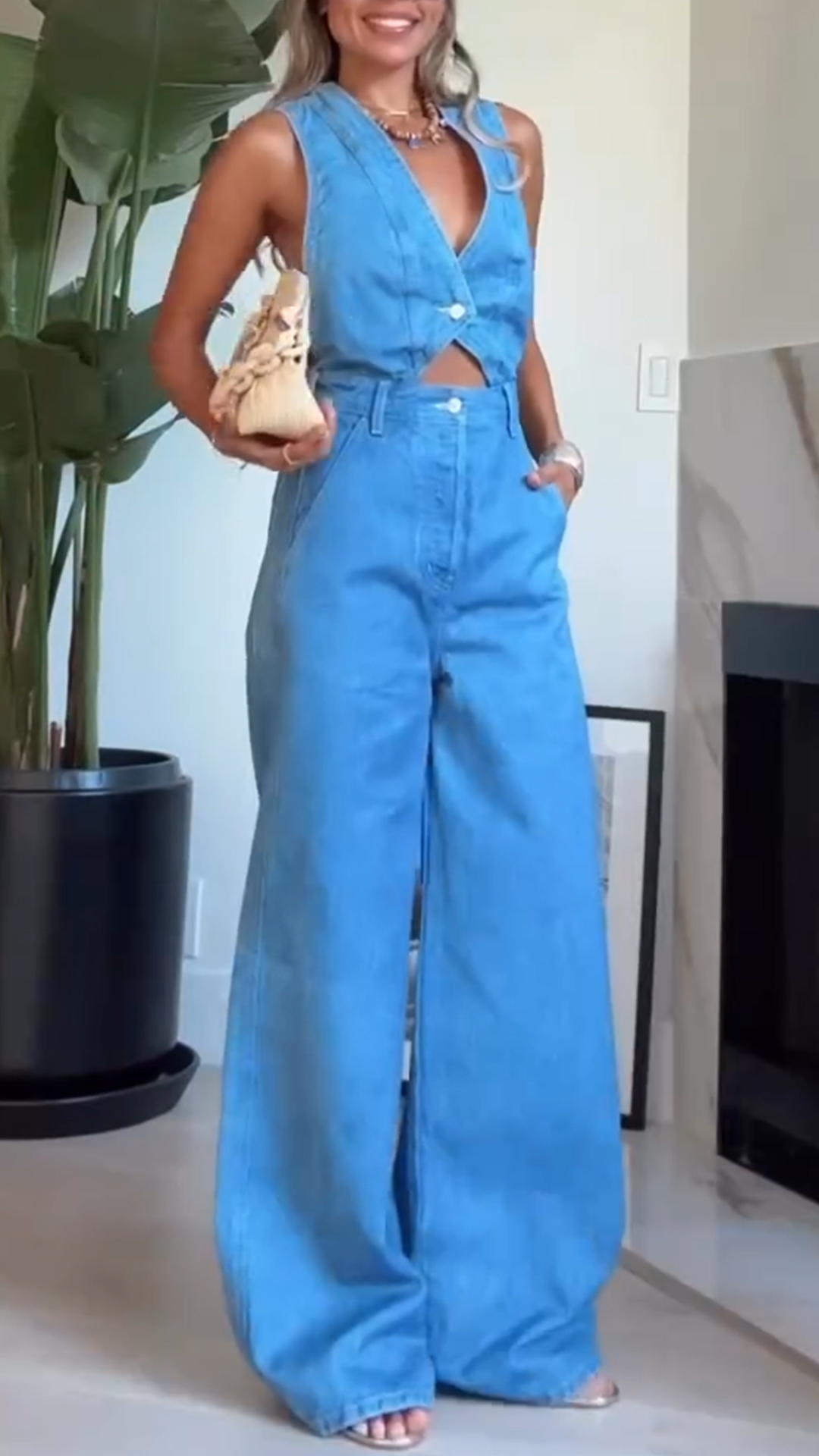 Women V-neck Hollowed Out Patchwork Casual Denim Jumpsuit