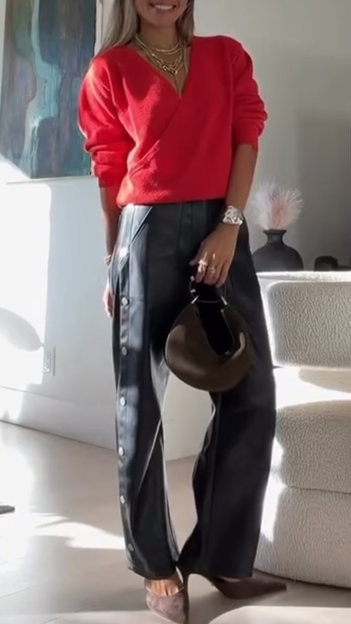 Women V-neck Top and Pants Casual Suit