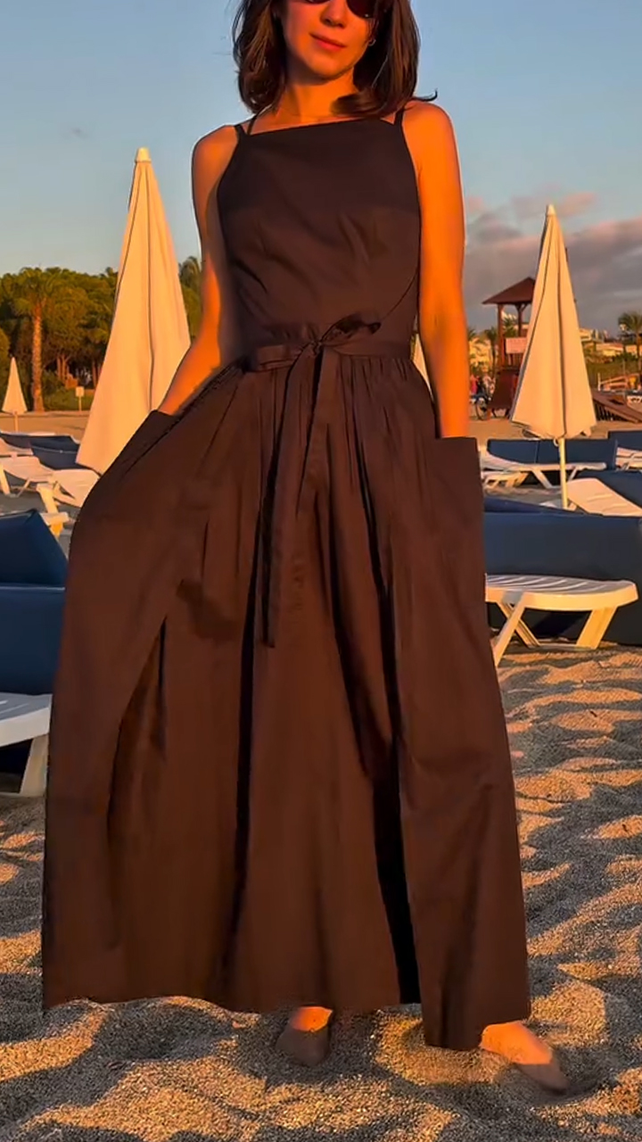 Women Spaghetti Strap Patchwork Tie-Waist Solid Color Casual Dress