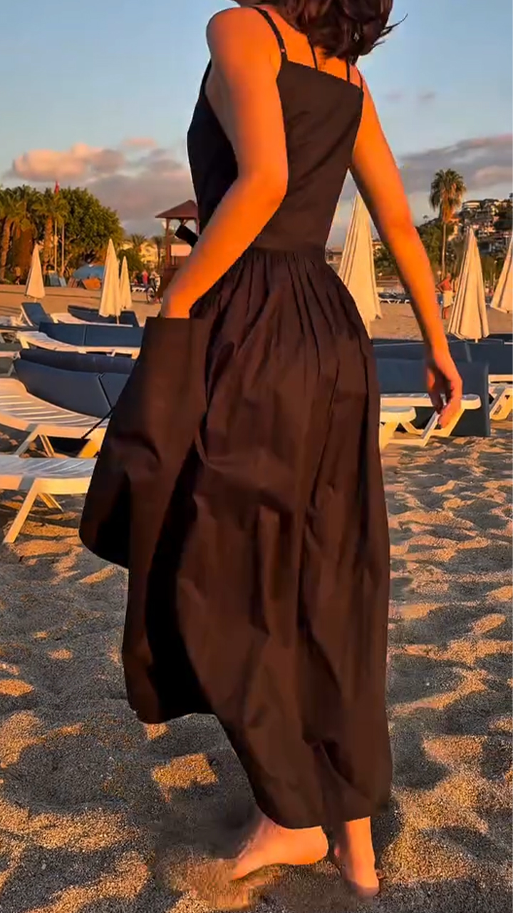 Women Spaghetti Strap Patchwork Tie-Waist Solid Color Casual Dress