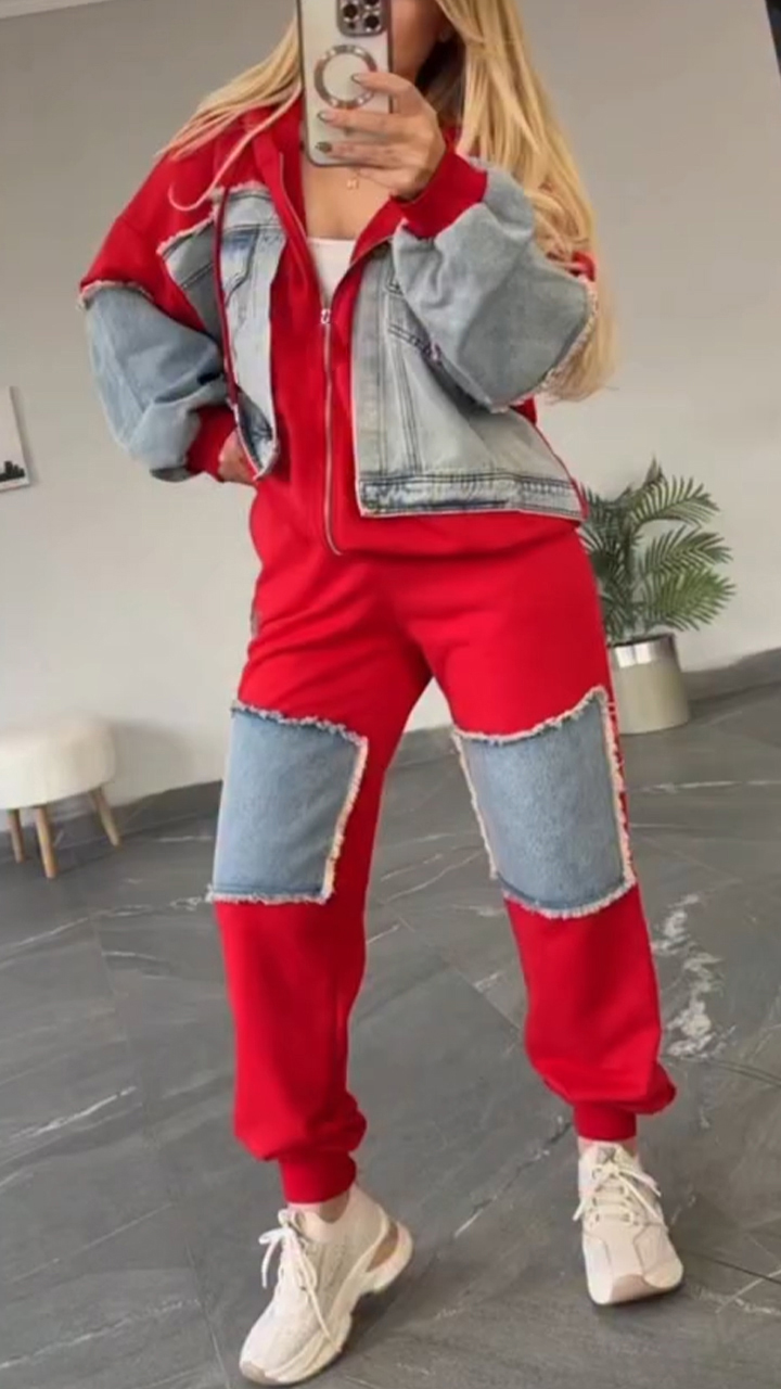 Women Collared Patchwork Denim Casual Suit