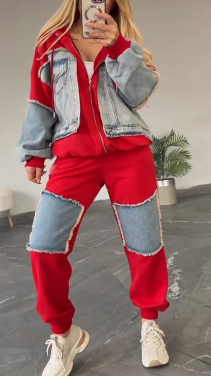 Women Collared Patchwork Denim Casual Suit