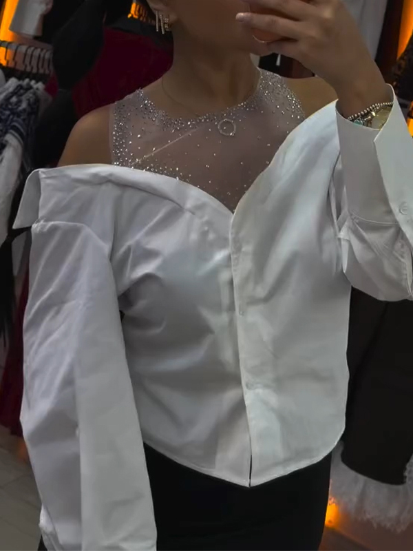 Women Patchwork Rhinestone Casual Top