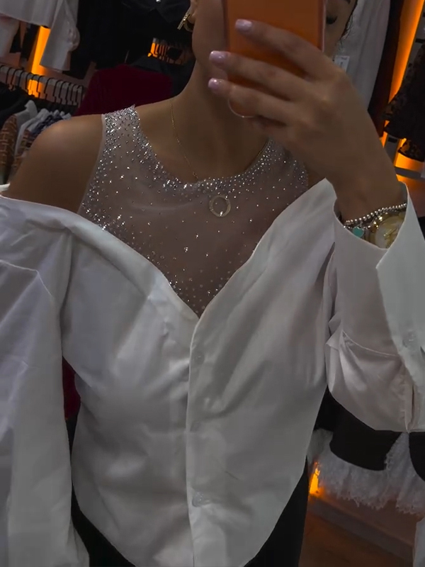 Women Patchwork Rhinestone Casual Top