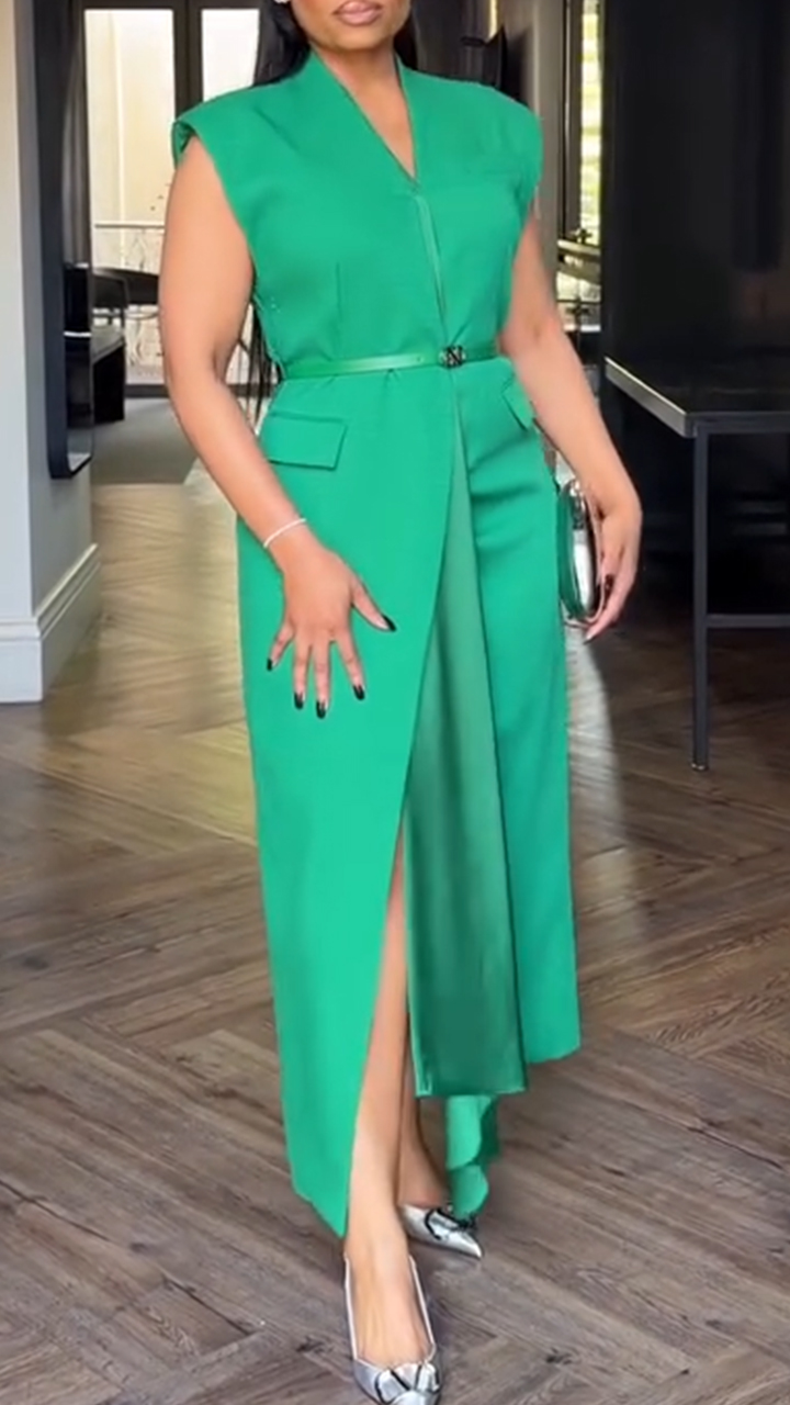 Women V-neck Solid Color Casual Dress with Temperament