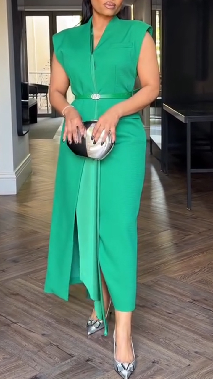 Women V-neck Solid Color Casual Dress with Temperament