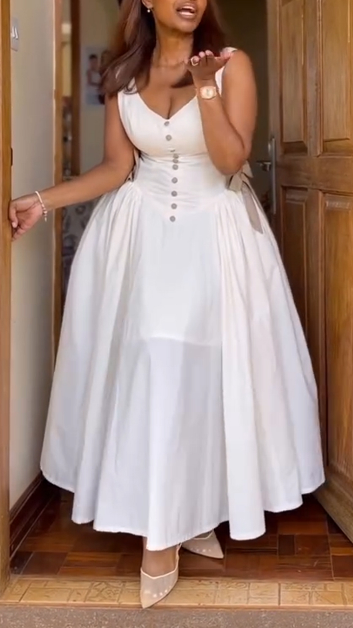 Women V-neck Patchwork Buckle Elegant Casual Dress