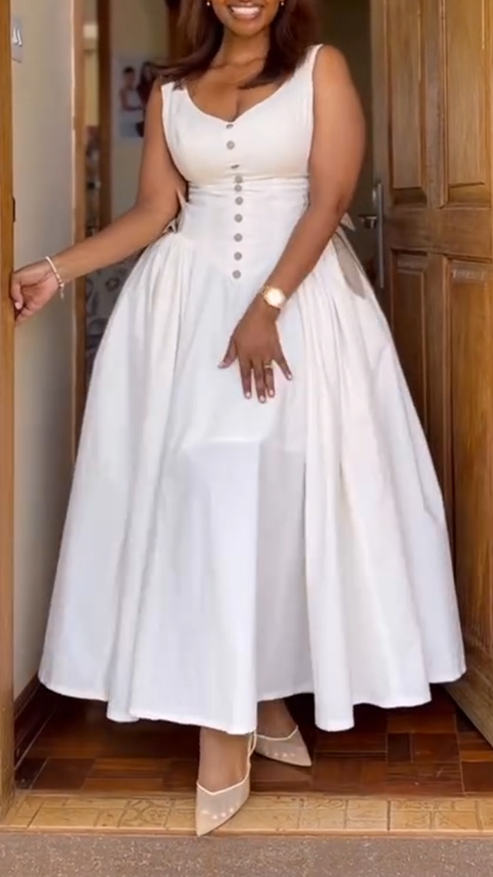 Women V-neck Patchwork Buckle Elegant Casual Dress