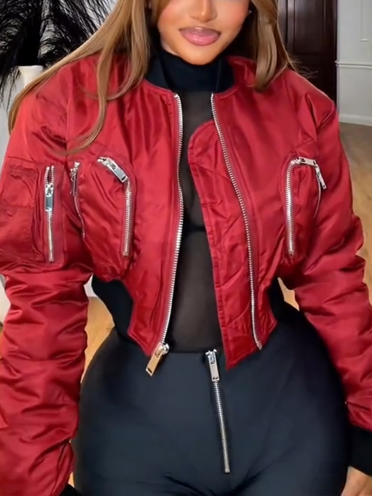 Women Round Neck Spliced Multi Zipper Casual Jacket