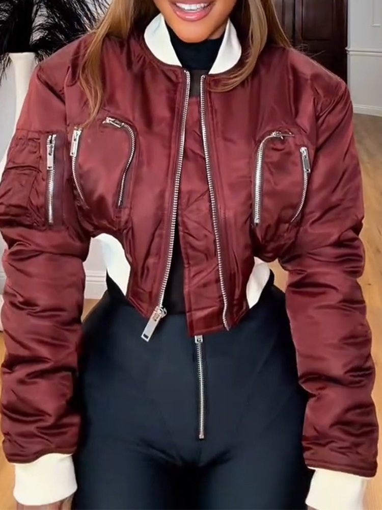 Women Round Neck Spliced Multi Zipper Casual Jacket