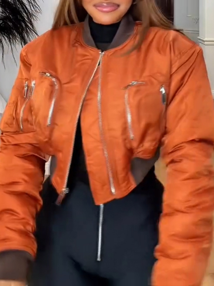 Women Round Neck Spliced Multi Zipper Casual Jacket