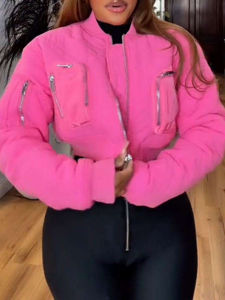 Women Round Neck Spliced Multi Zipper Casual Jacket