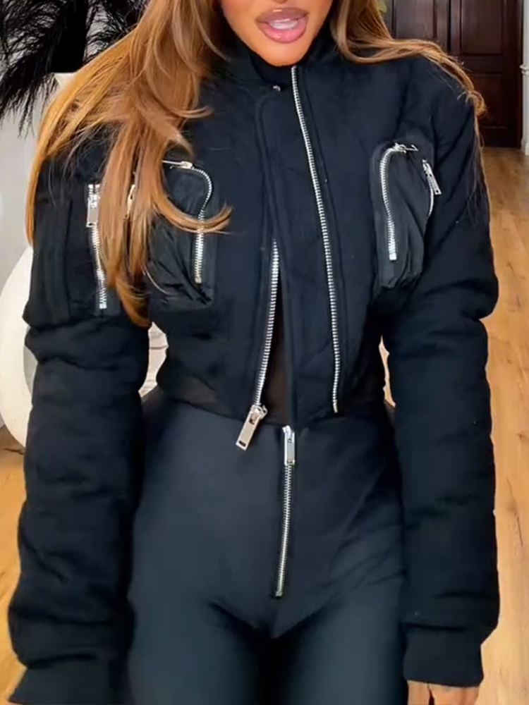 Women Round Neck Spliced Multi Zipper Casual Jacket