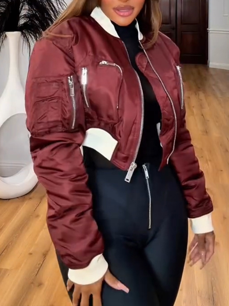 Women Round Neck Spliced Multi Zipper Casual Jacket