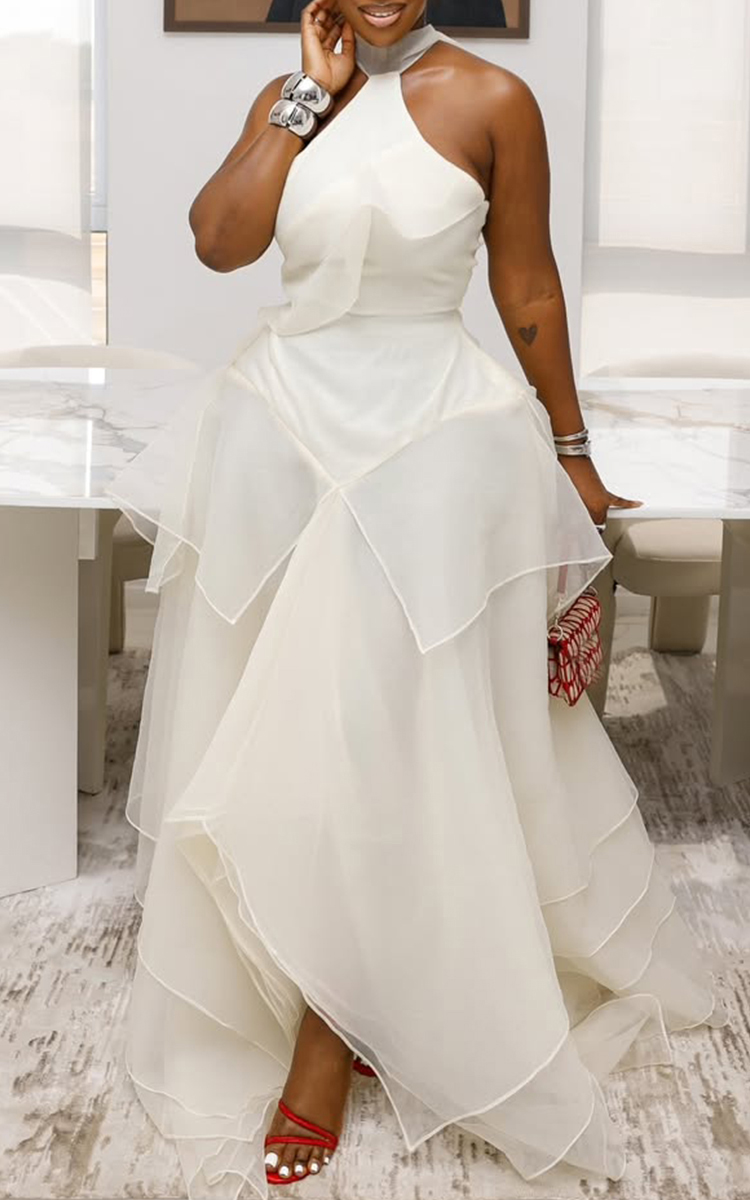 Women Neck Hanging Patchwork Mesh Elegant Temperament Dress