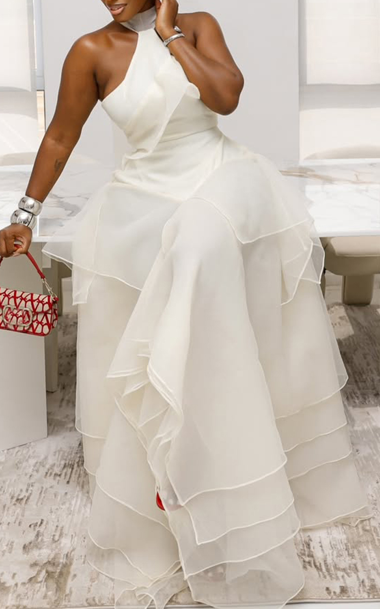 Women Neck Hanging Patchwork Mesh Elegant Temperament Dress