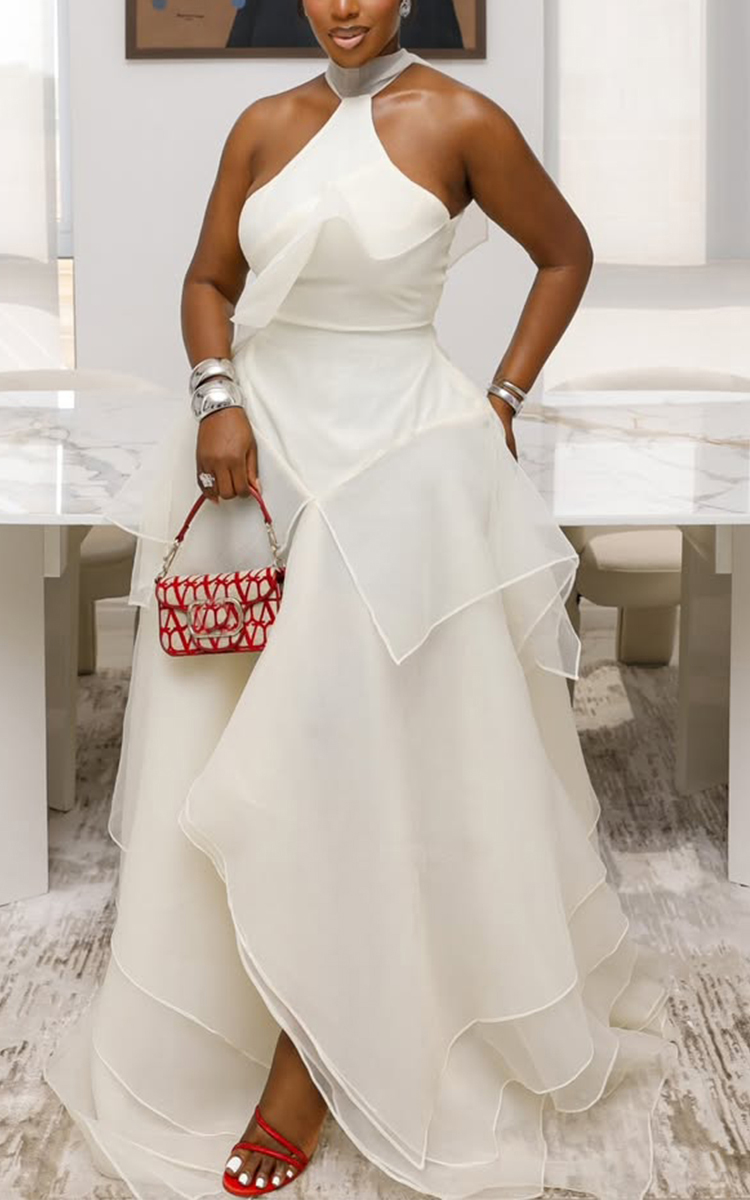 Women Neck Hanging Patchwork Mesh Elegant Temperament Dress